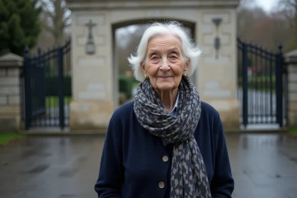 Femme &acirc;g&eacute;e devant un m&eacute;morial de guerre en France