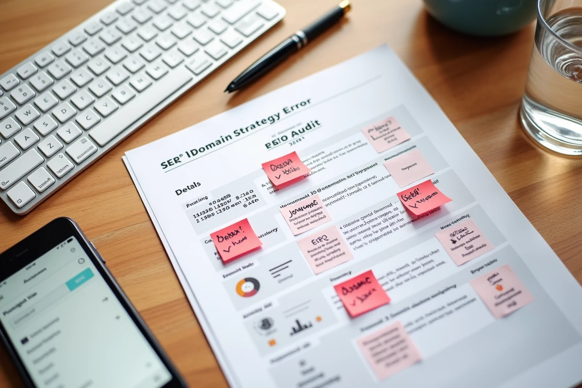 Vue aérienne d'un bureau avec rapport d'audit SEO annoté et erreurs de stratégie de domaines mis en évidence